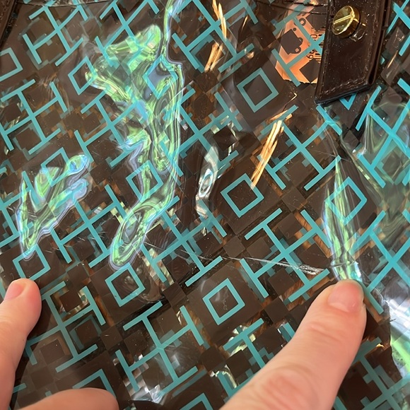 Tory Burch logo clear plastic handle tote bag with attached zip wallet pouch GUC - Picture 9 of 13